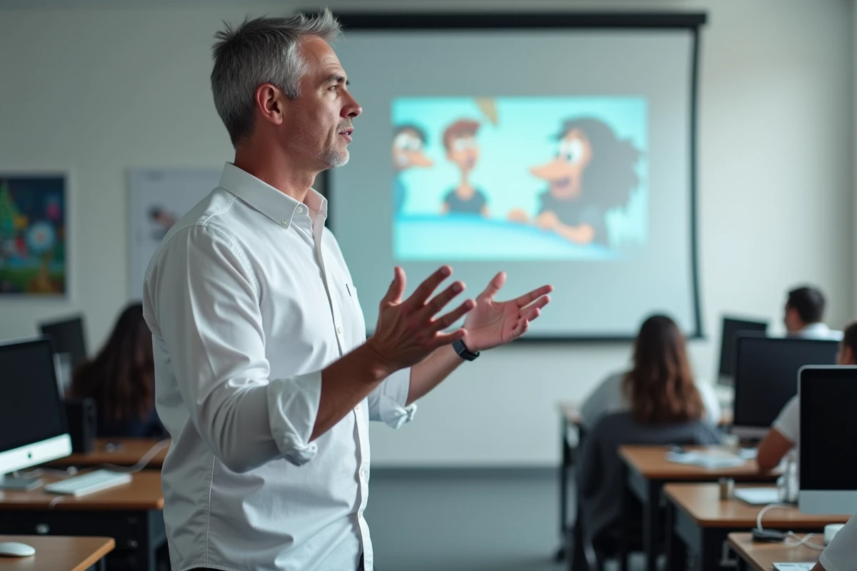 Professeur d'animation présentant des techniques de dessin animé 2D devant des étudiants dans une école d'animation française