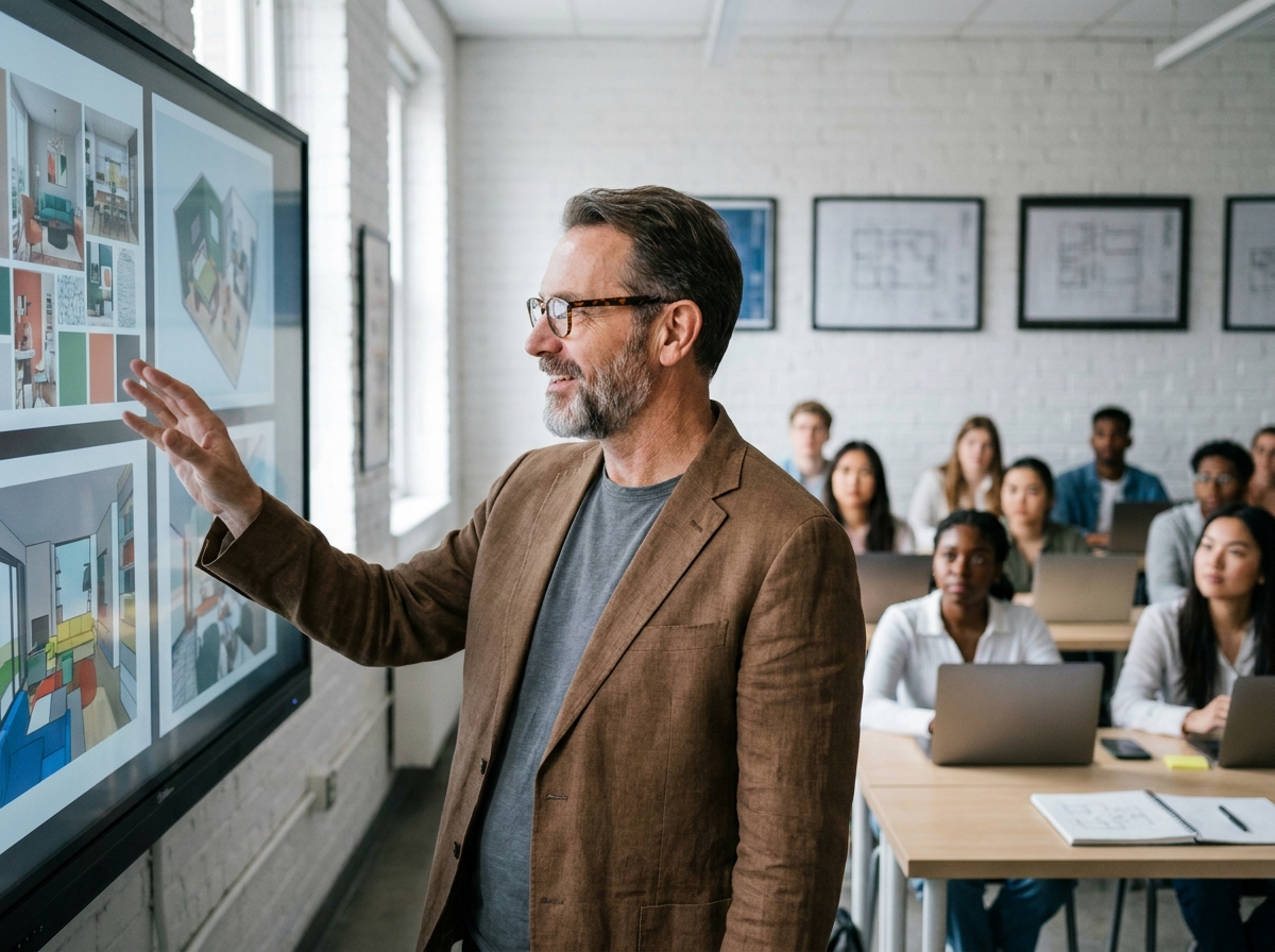 Professeur d'école de design d'intérieur présentant des projets architecturaux à ses étudiants en cours magistral