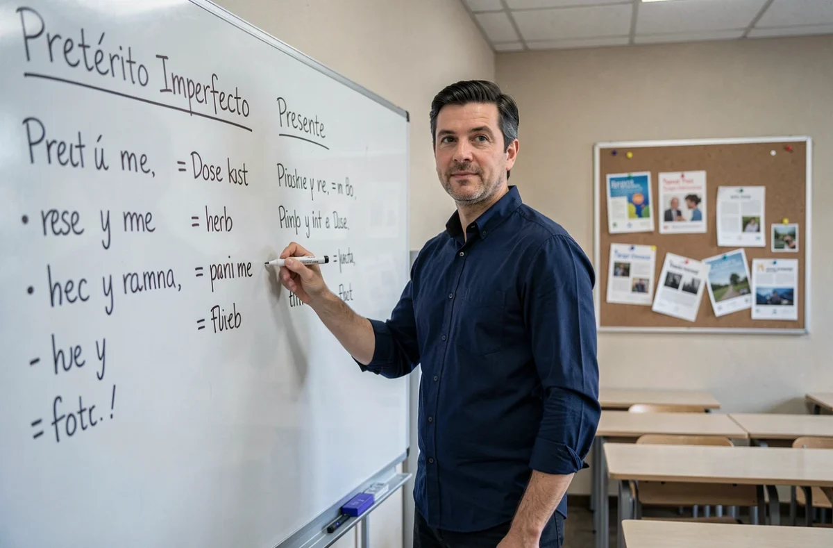 Professeur d'espagnol expliquant la différence entre l'imparfait et le présent au tableau blanc en classe