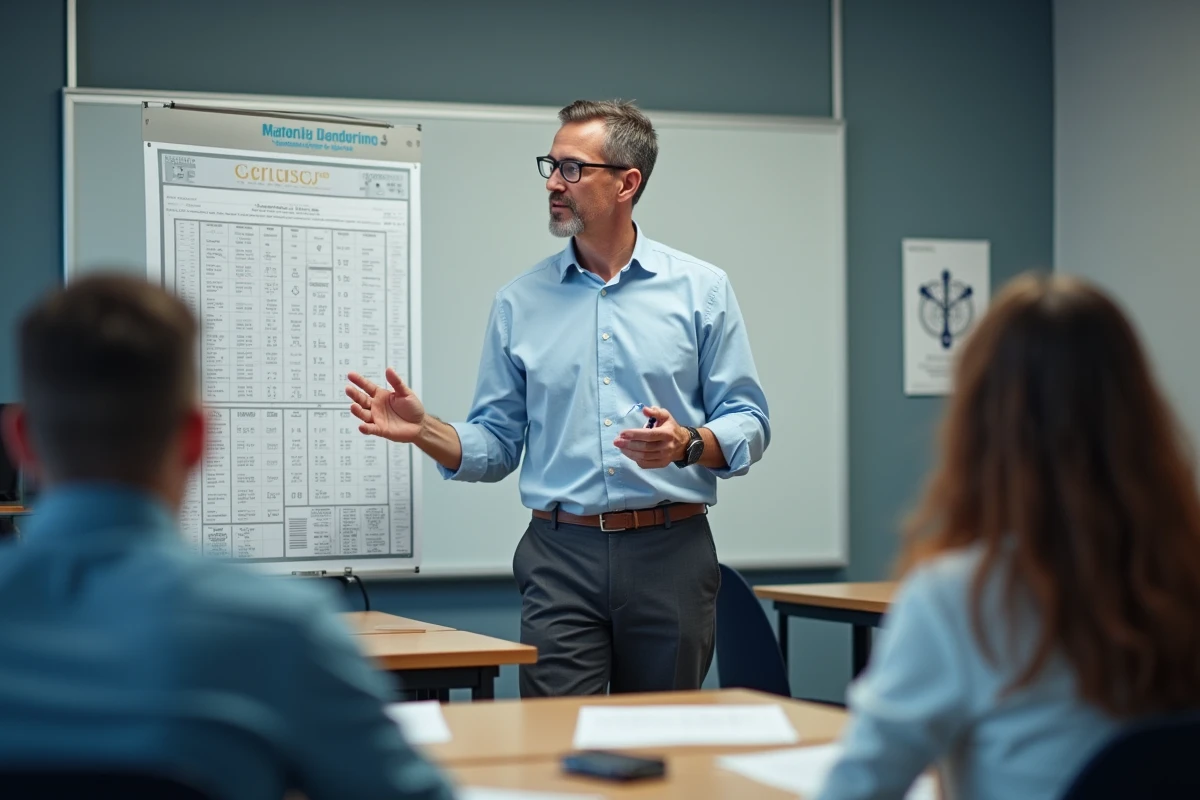 Professeur montrant un tableau de d&eacute;clinaisons allemandes en classe