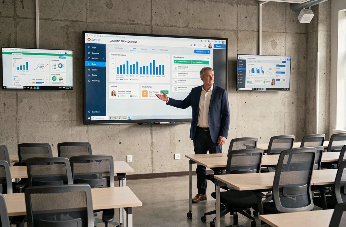 Professeur présentant les nouvelles fonctionnalités de PSB Learn sur un tableau interactif dans une salle de cours moderne
