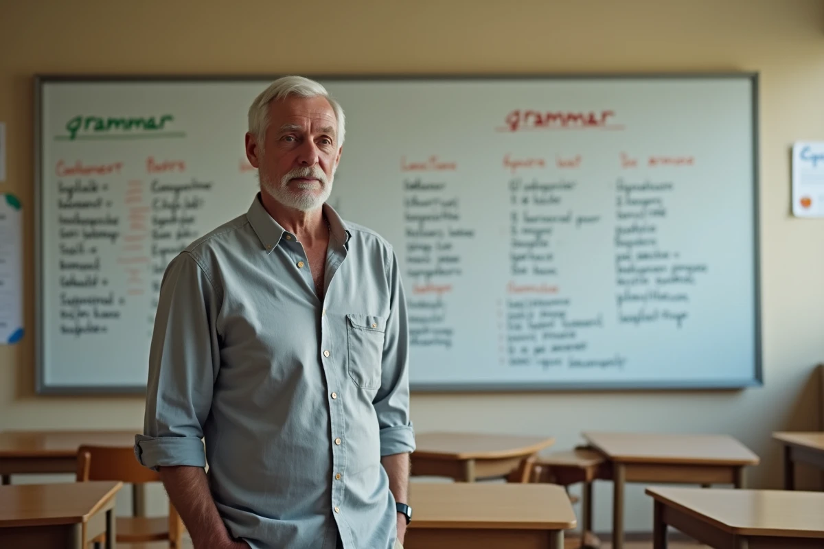 Enseignant devant un tableau de classe avec des notes sur les classes grammaticales françaises