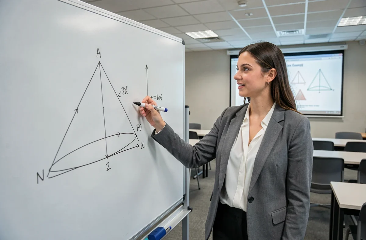 Professeure de mathématiques expliquant le volume d'une pyramide à base triangulaire au tableau blanc en classe de 4e