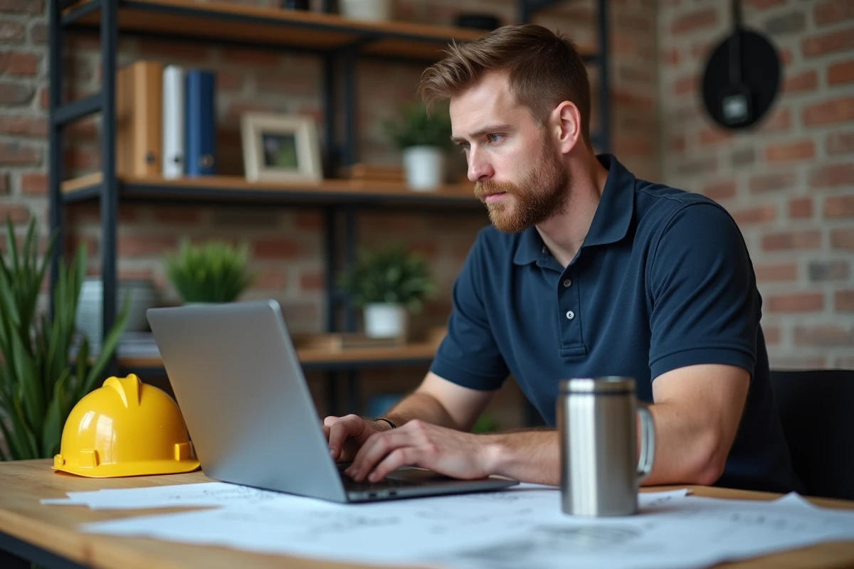 Professionnel du BTP suivant une formation en ligne sur son ordinateur portable dans un bureau à domicile bien organisé