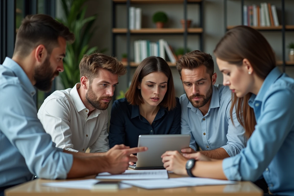 Groupe de professionnels en réunion surprise dans un bureau moderne