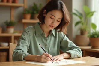 Jeune femme pratiquant l'écriture cursive de la lettre Q majuscule attachée sur papier crème dans une salle de classe Montessori