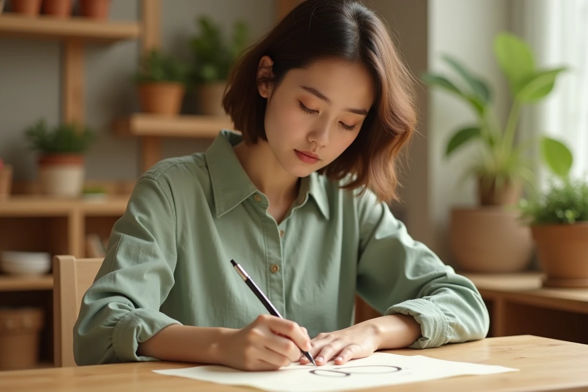 Jeune femme pratiquant l'écriture cursive de la lettre Q majuscule attachée sur papier crème dans une salle de classe Montessori