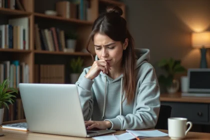 Jeune femme frustrée devant son ordinateur portable essayant de récupérer son mot de passe ENT Sigma