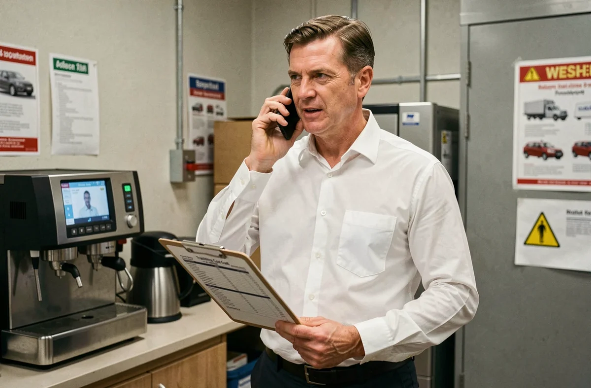 Un responsable logistique compareant les tarifs de formation FIMO par téléphone dans une salle de pause d'entreprise de transport