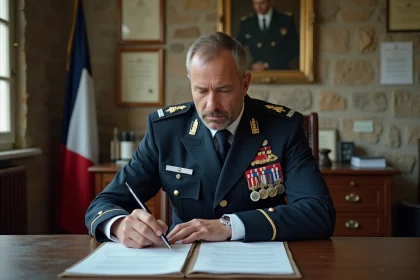 Sous-officier de l'arm&eacute;e de Terre en uniforme consultant des documents de retraite militaire dans un bureau administratif