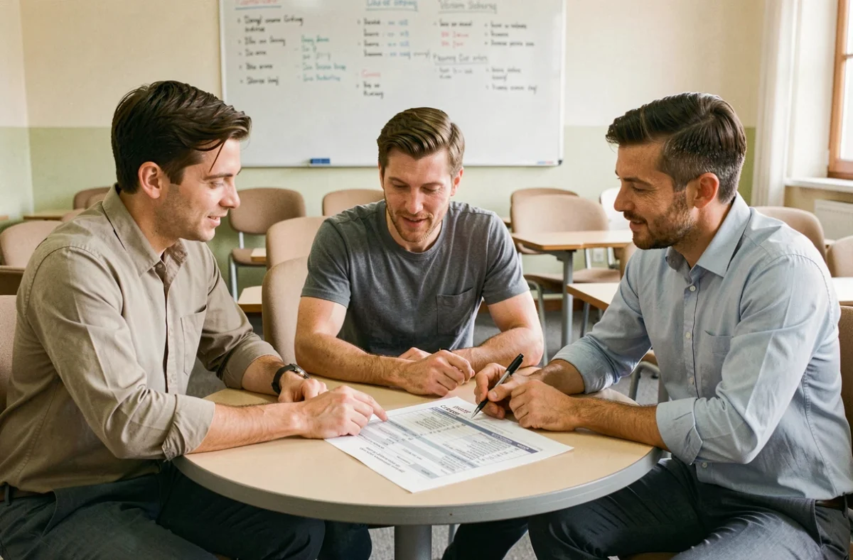 Groupe de stagiaires discutant des tarifs et financements d'une formation en centre de formation professionnelle
