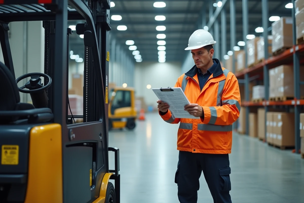 Responsable logistique vérifiant la conformité CACES d'un cariste avec un chariot élévateur en entrepôt industriel
