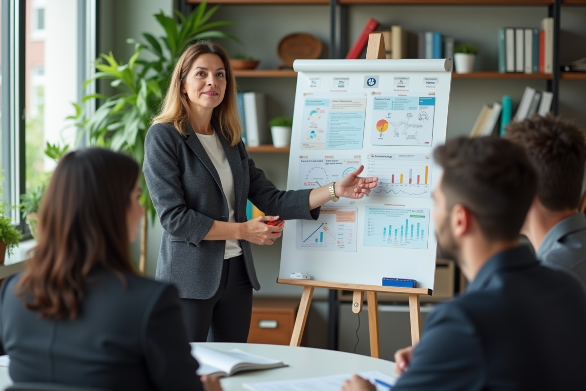 Superviseure expliquant une stratégie devant tableau blanc
