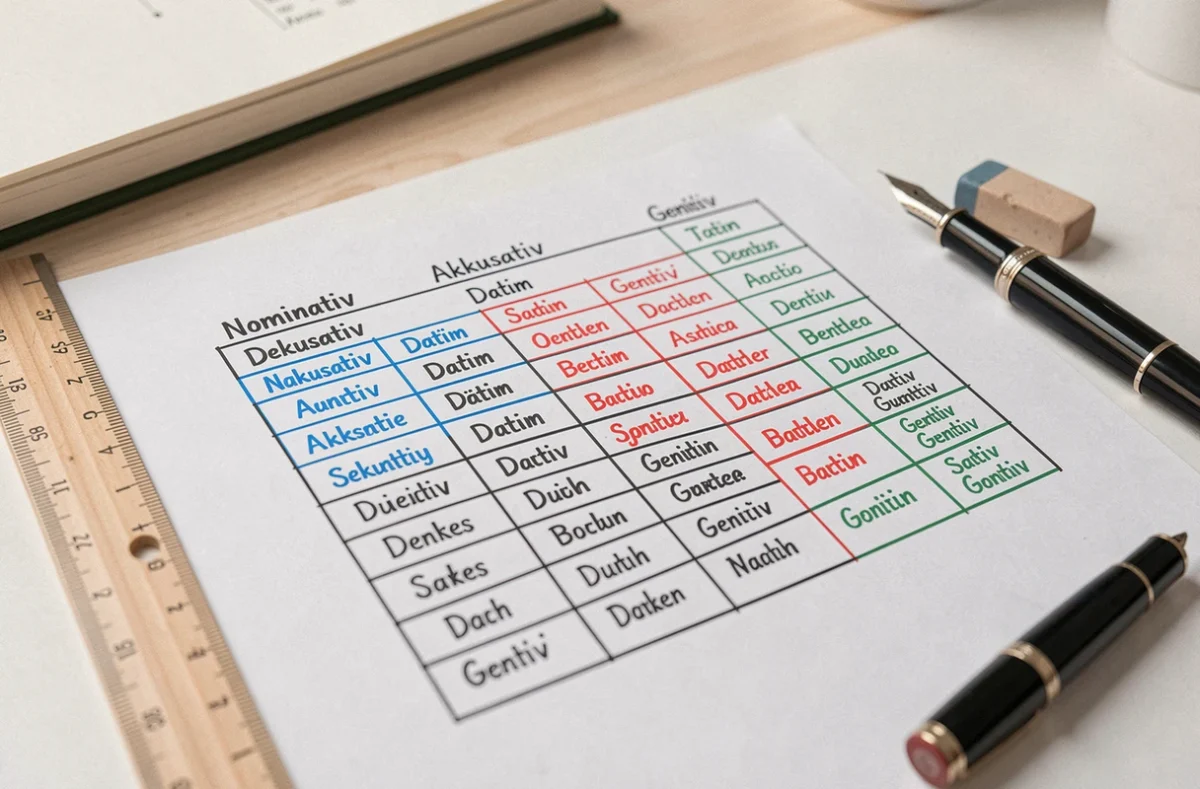 Tableau de déclinaison allemand dessiné à la main avec des cases colorées représentant les quatre cas grammaticaux