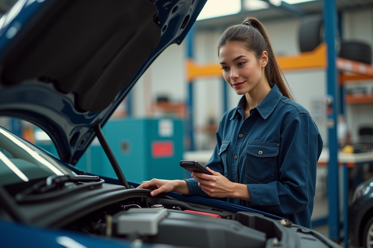 Jeune femme mécanicienne utilisant diagnostic auto