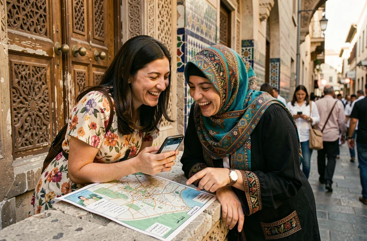 Touriste et habitante cairote partageant un éclat de rire en consultant une carte et une application de traduction arabe près d'une mosquée au Caire