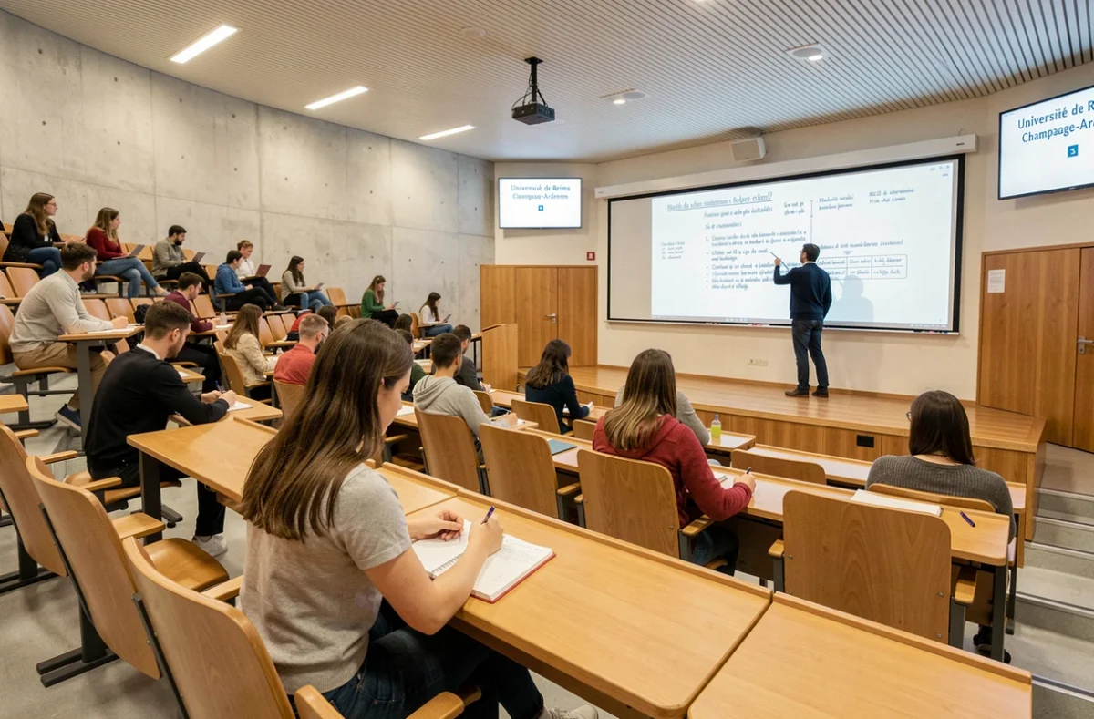 Étudiante prenant des notes dans un amphithéâtre de l'Université de Reims Champagne-Ardenne lors d'un cours magistral