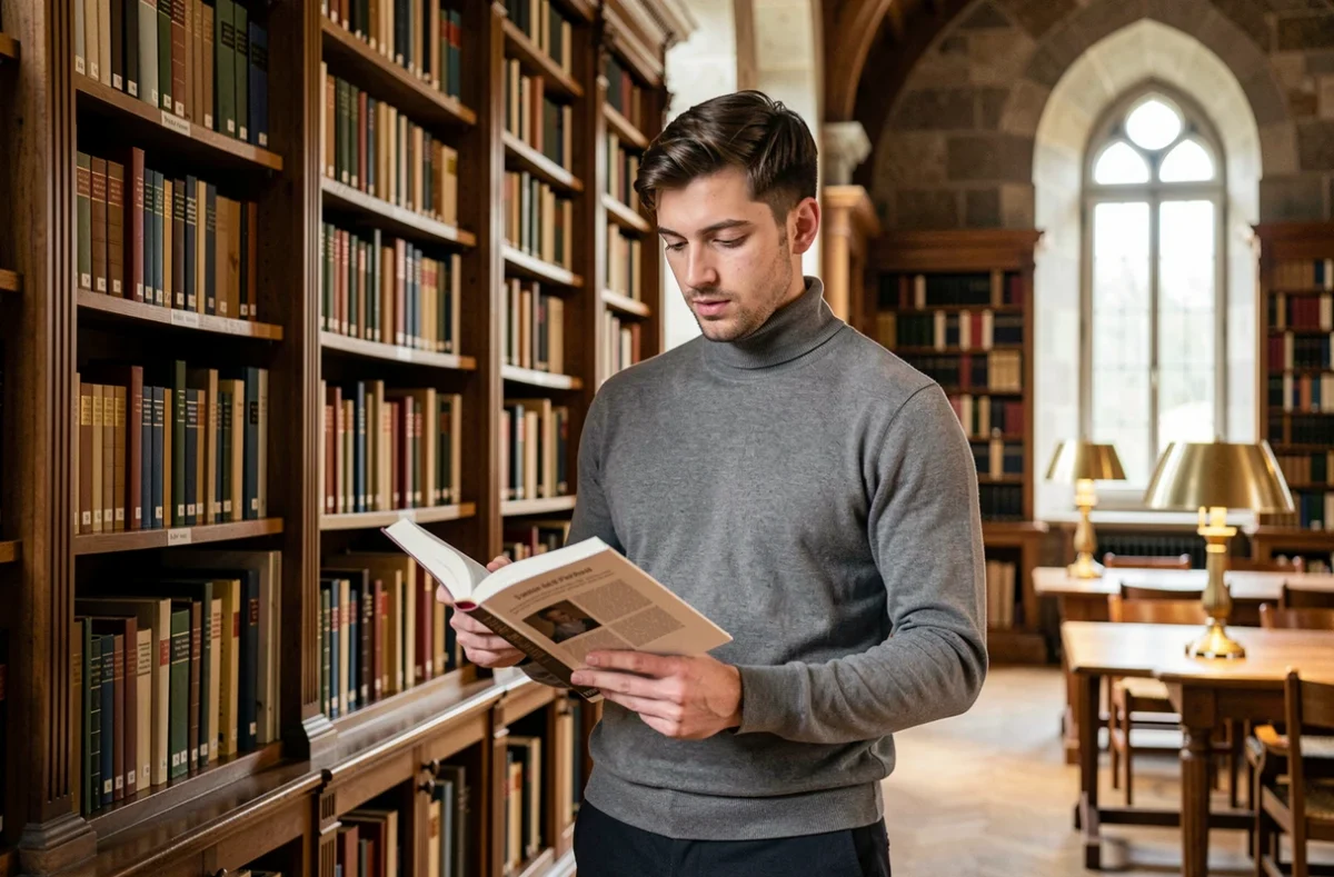 Doctorant consultant un journal académique dans la bibliothèque historique de l'Université de Strasbourg
