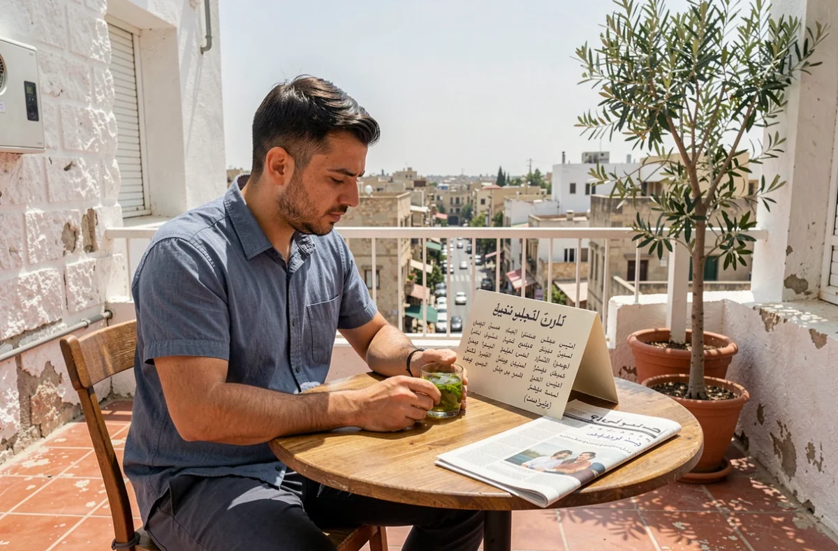 Voyageur étudiant des cartes de vocabulaire arabe autour d'un verre de thé à la menthe sur une terrasse de café en Jordanie