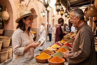Voyageuse tenant un guide de phrases arabes devant un étal d'épices dans une médina marocaine, échangeant avec un vendeur en djellaba