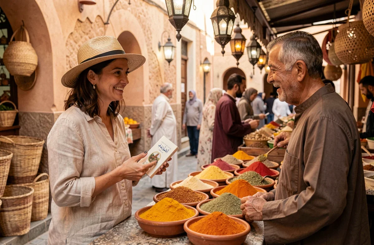 Voyageuse tenant un guide de phrases arabes devant un étal d'épices dans une médina marocaine, échangeant avec un vendeur en djellaba